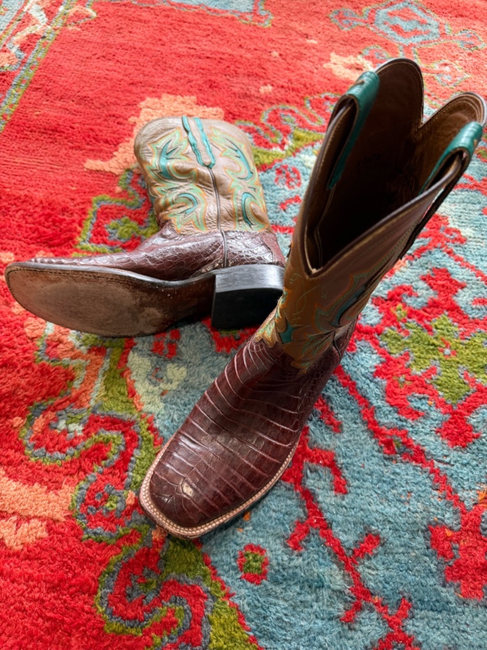 Lucchese Tobacco Caiman Exotic Cowboy Boots with Turquoise Upper - Picture 2 of 6